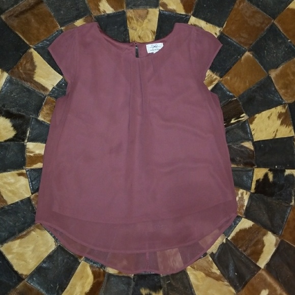 Tops - Short sleeve chiffon blouse-Burgundy